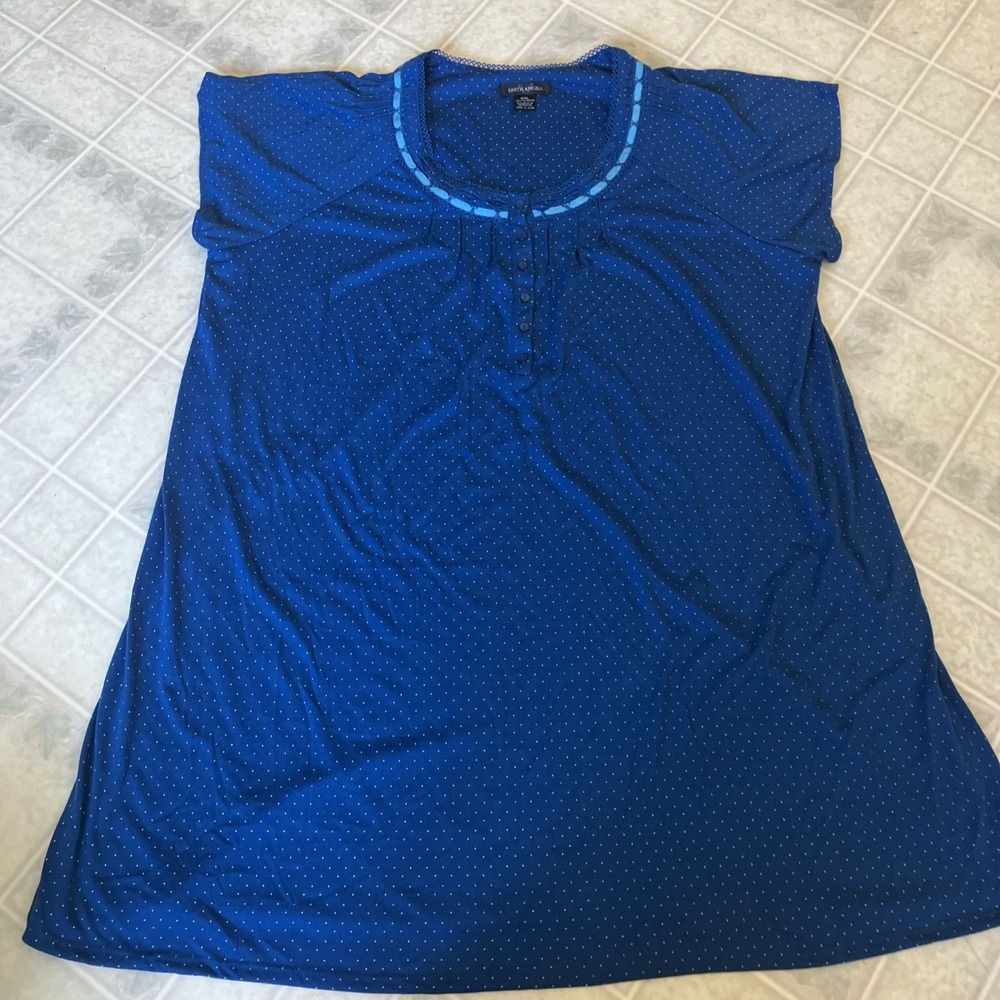 Earth Angels‎ Nightgown Button Front Knit Short Slv XXL Blue polka Dot MUUMUU